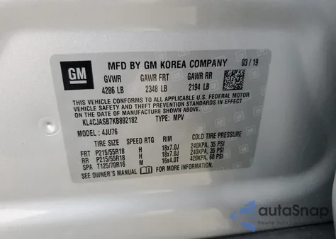 2019 Buick Encore Preferred from USA, damaged, VIN KL4CJASB7KB892182
